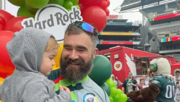 Jason Kelce Shares Hilarious Photo of Youngest Daughter Bennett Meeting Eagles Mascot